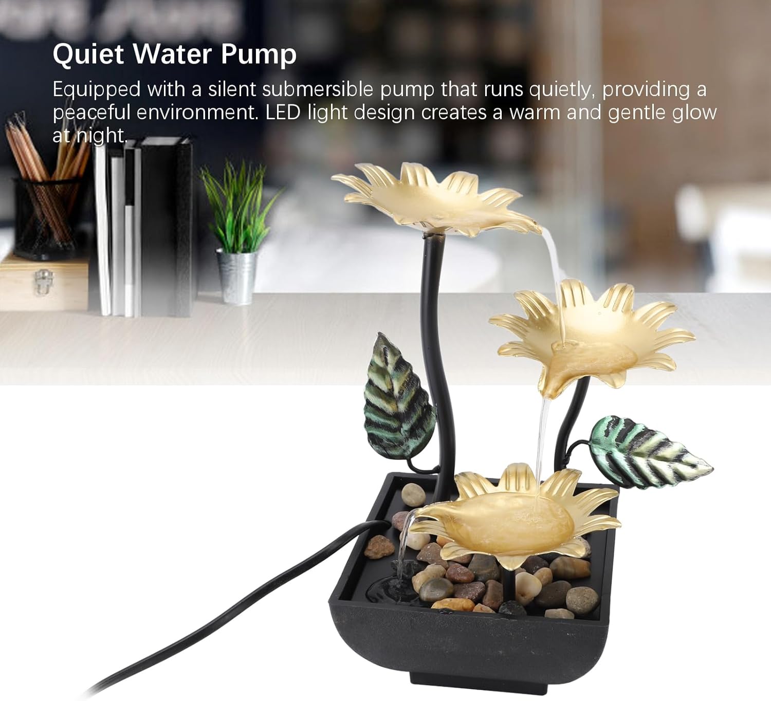 Mini Water Fountain with Adjustable Flow and LED Light USB Tabletop Decor for Home Office