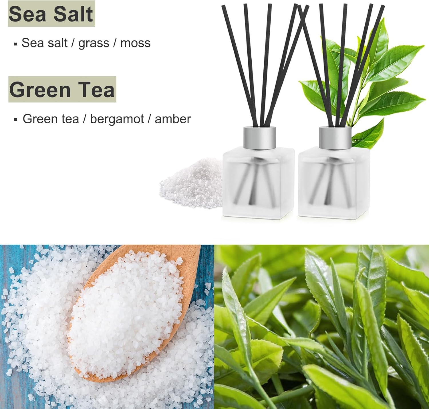 Sea Salt Green Tea Reed Diffuser Set 2-Pack 100ml Aroma Oils with Diffuser Sticks