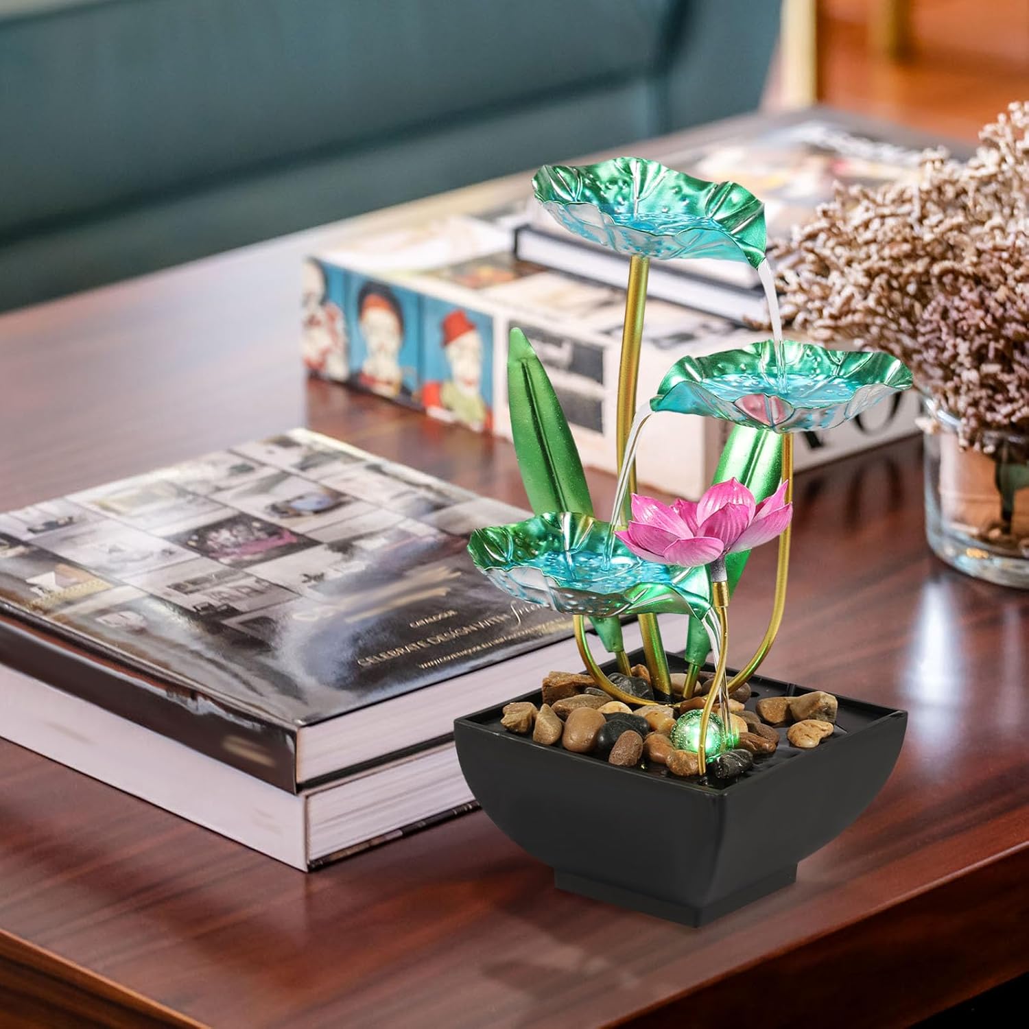 Water Lily Style Tabletop Fountain with USB Charging and Light