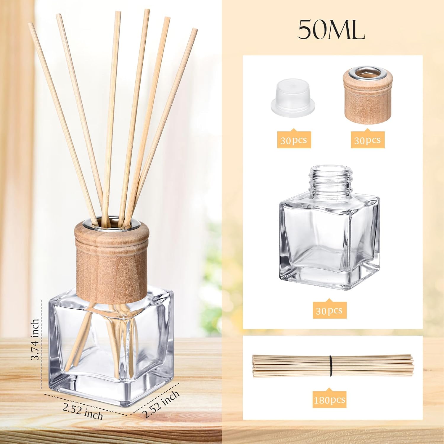 Roshtia 30 Piece Reed Diffuser Set with Wooden Caps and Rattan Sticks