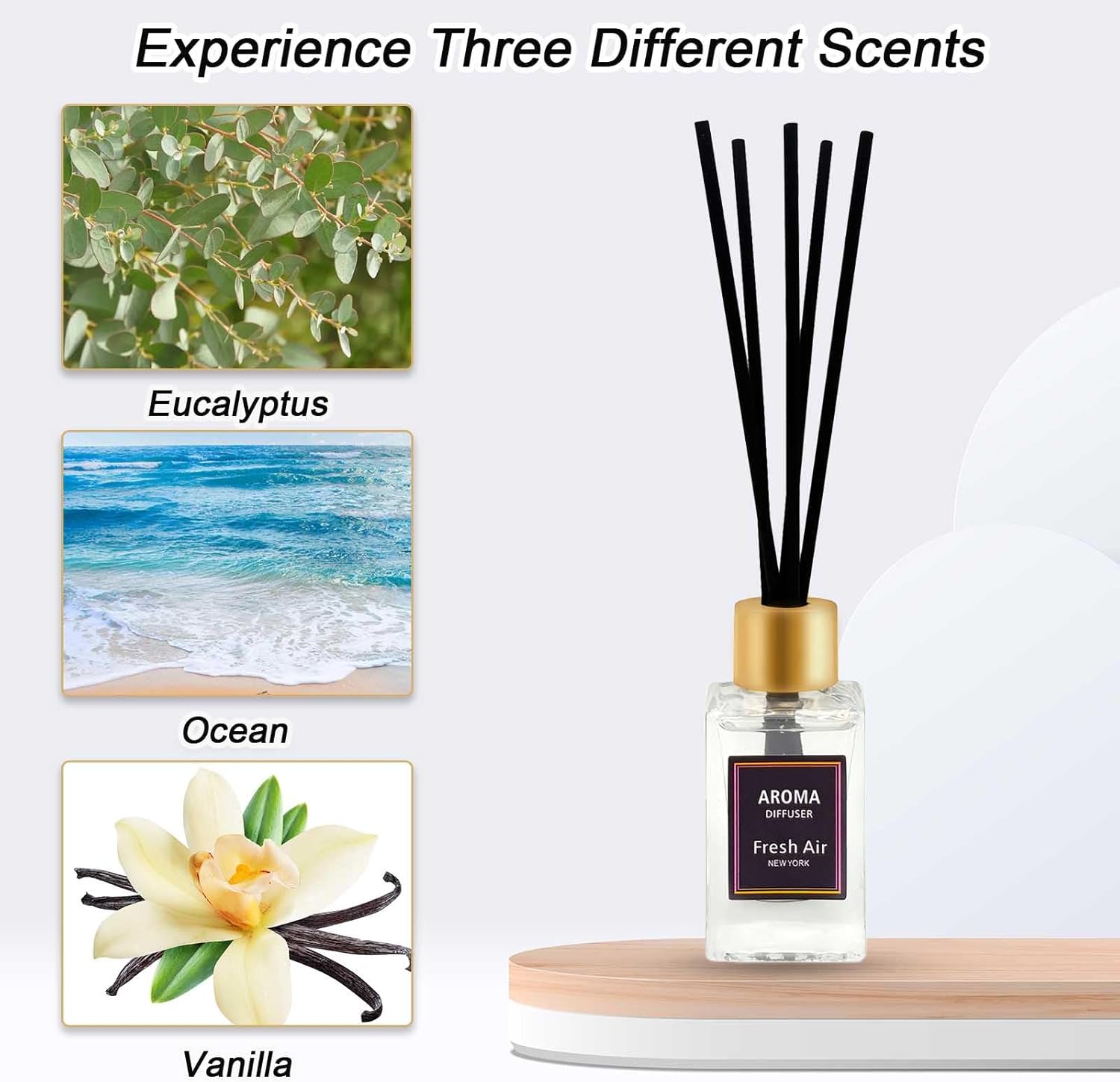 Pierides 3-Scent Reed Diffuser Set with Vanilla Eucalyptus and Ocean Scented Oil