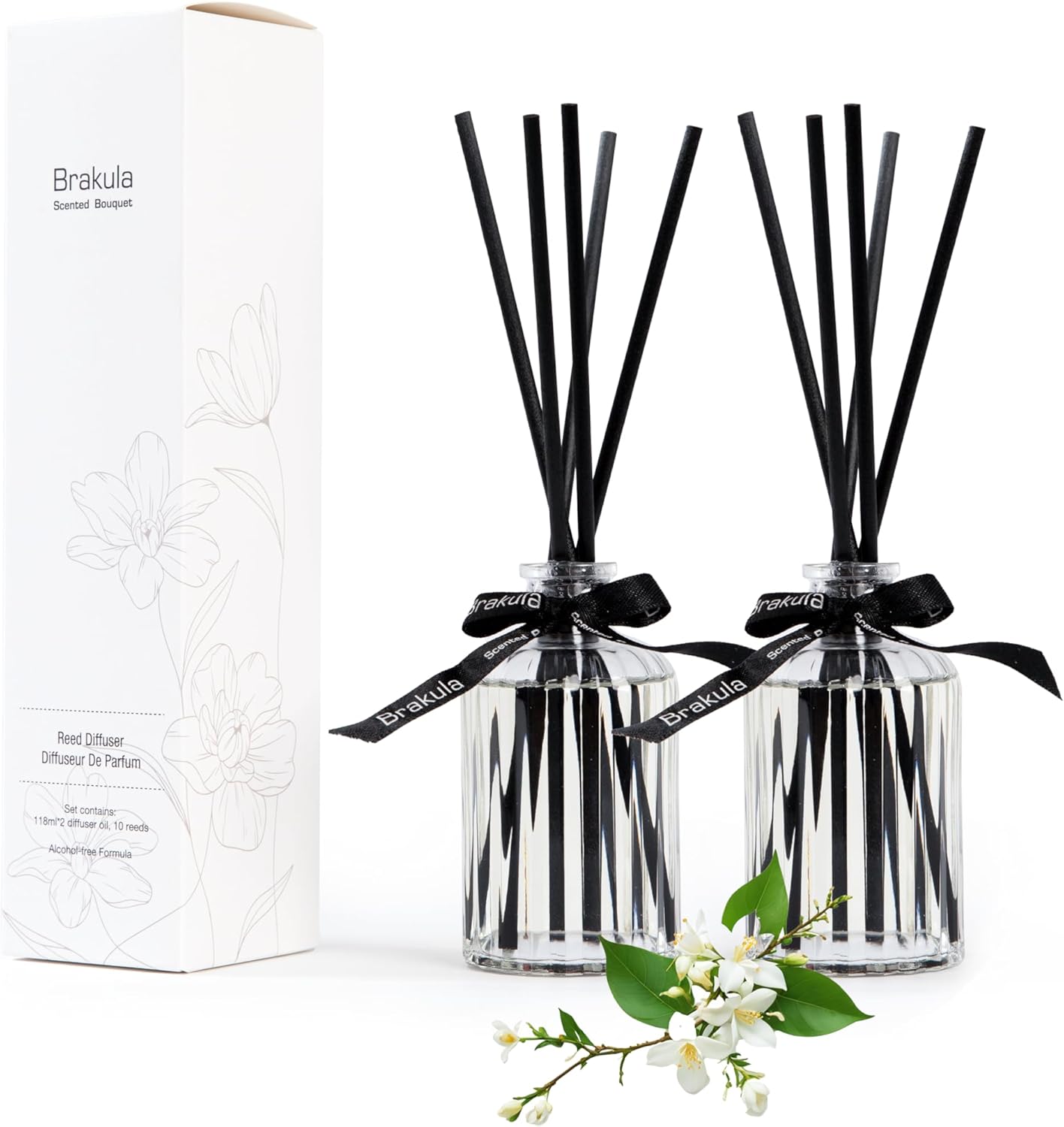 Brakula 2 Pack White Jasmine Mint Reed Diffuser Set