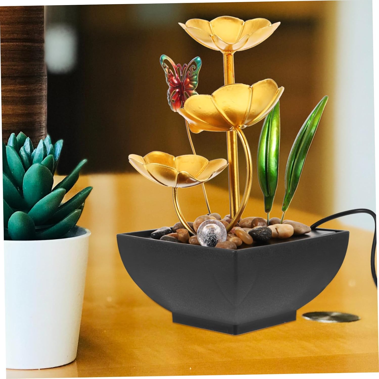 Cabilock Tabletop Water Fountain Lotus Leaf Design USB Powered Indoor Decor Ornament for Home Office