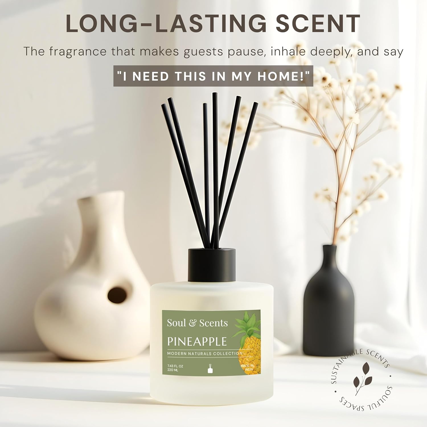 Soul Scents Pineapple Reed Diffuser Set 743 oz Refillable with 6 Fiber Sticks