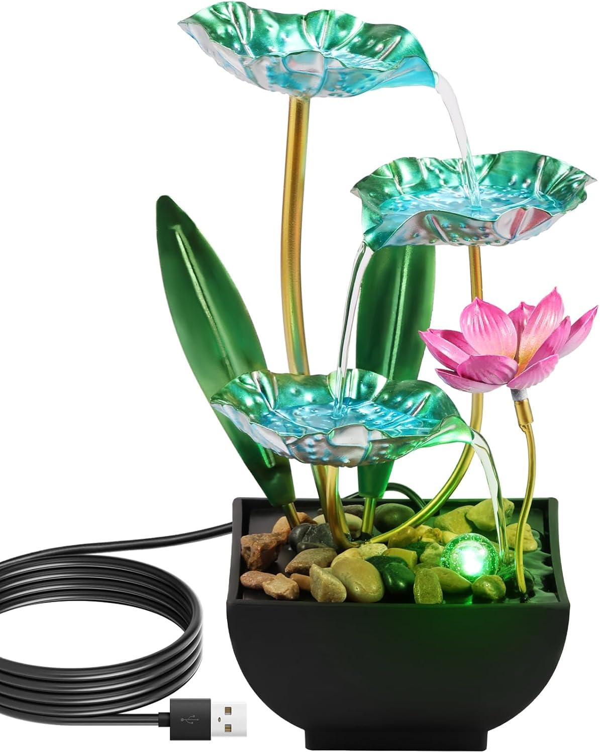 Water Lily Style Tabletop Fountain with USB Charging and Light