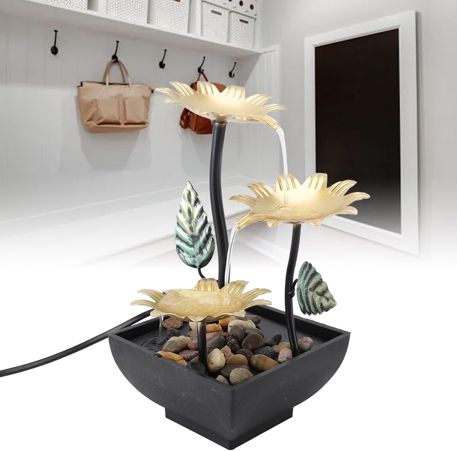 Mini Water Fountain with Adjustable Flow and LED Light USB Tabletop Decor for Home Office