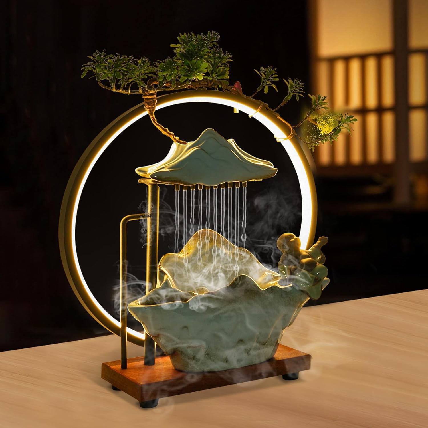 Tabletop Fountain with LED Light and Mist Maker for Home Office Bedroom Decoration