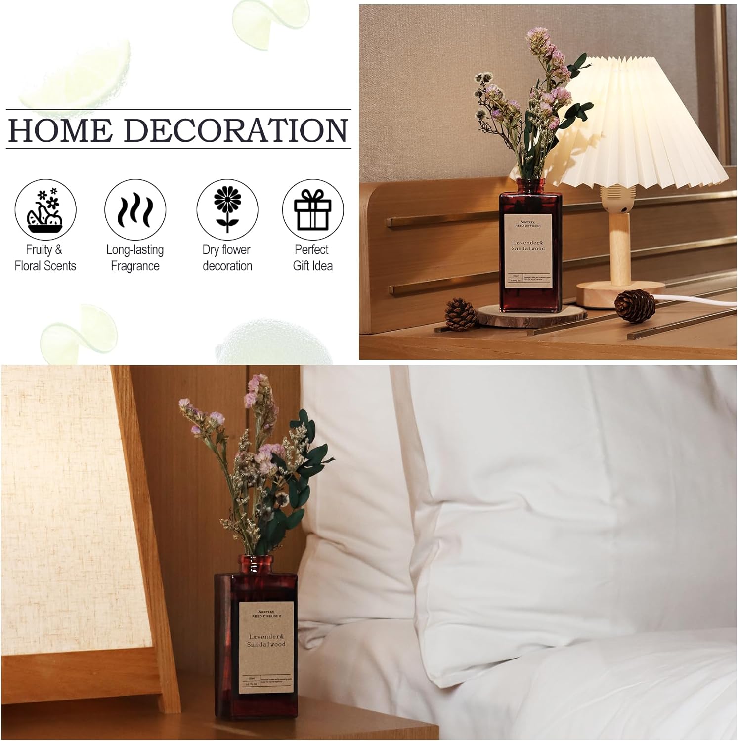 Lavender Sandalwood Reed Diffuser Set with Flower Decoration