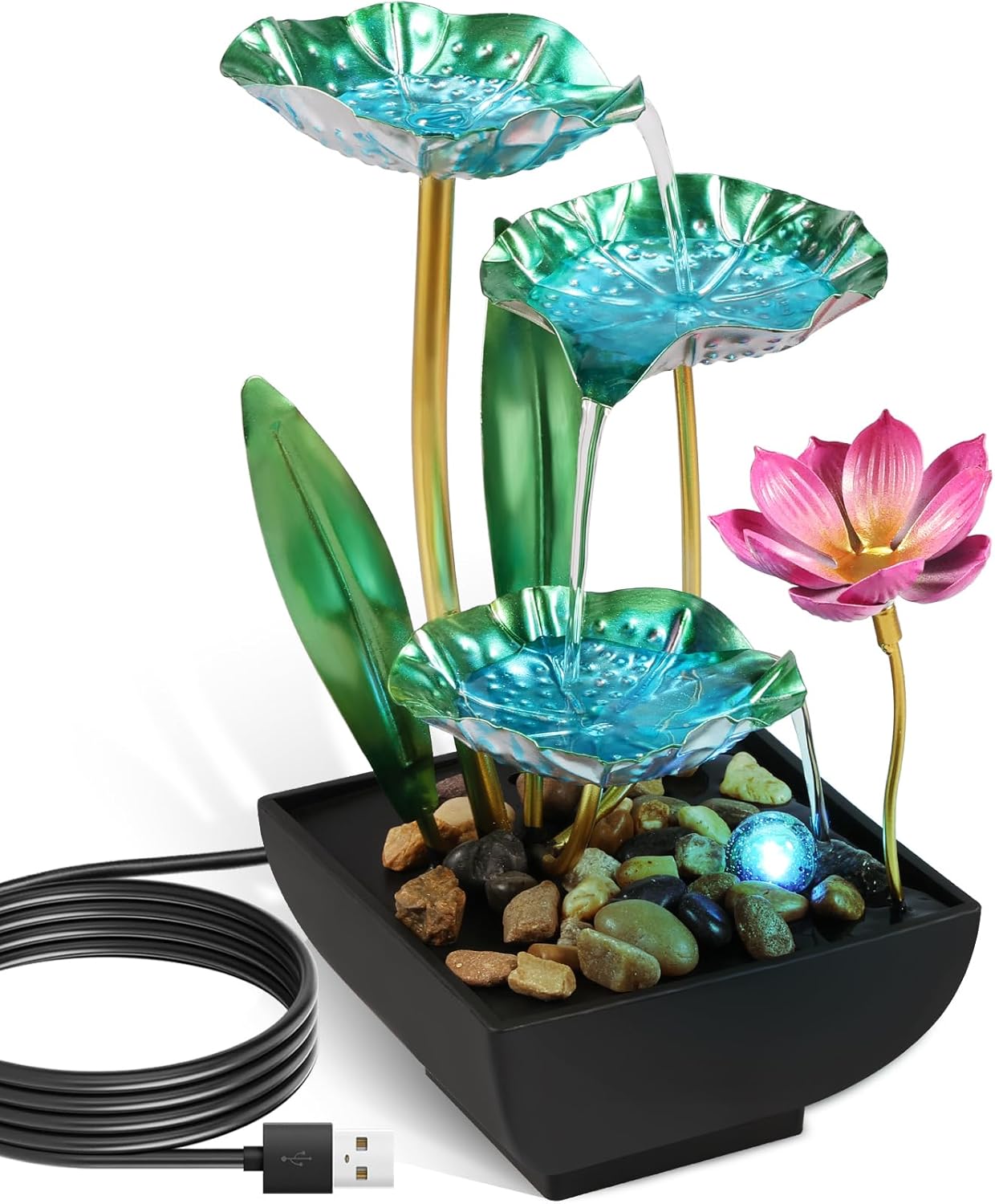 Water Lily Style Tabletop Fountain with USB Charging and Light