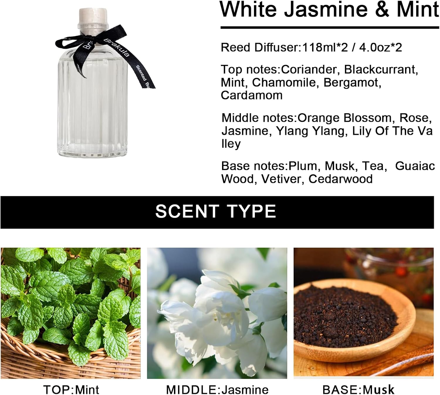 Brakula 2 Pack White Jasmine Mint Reed Diffuser Set