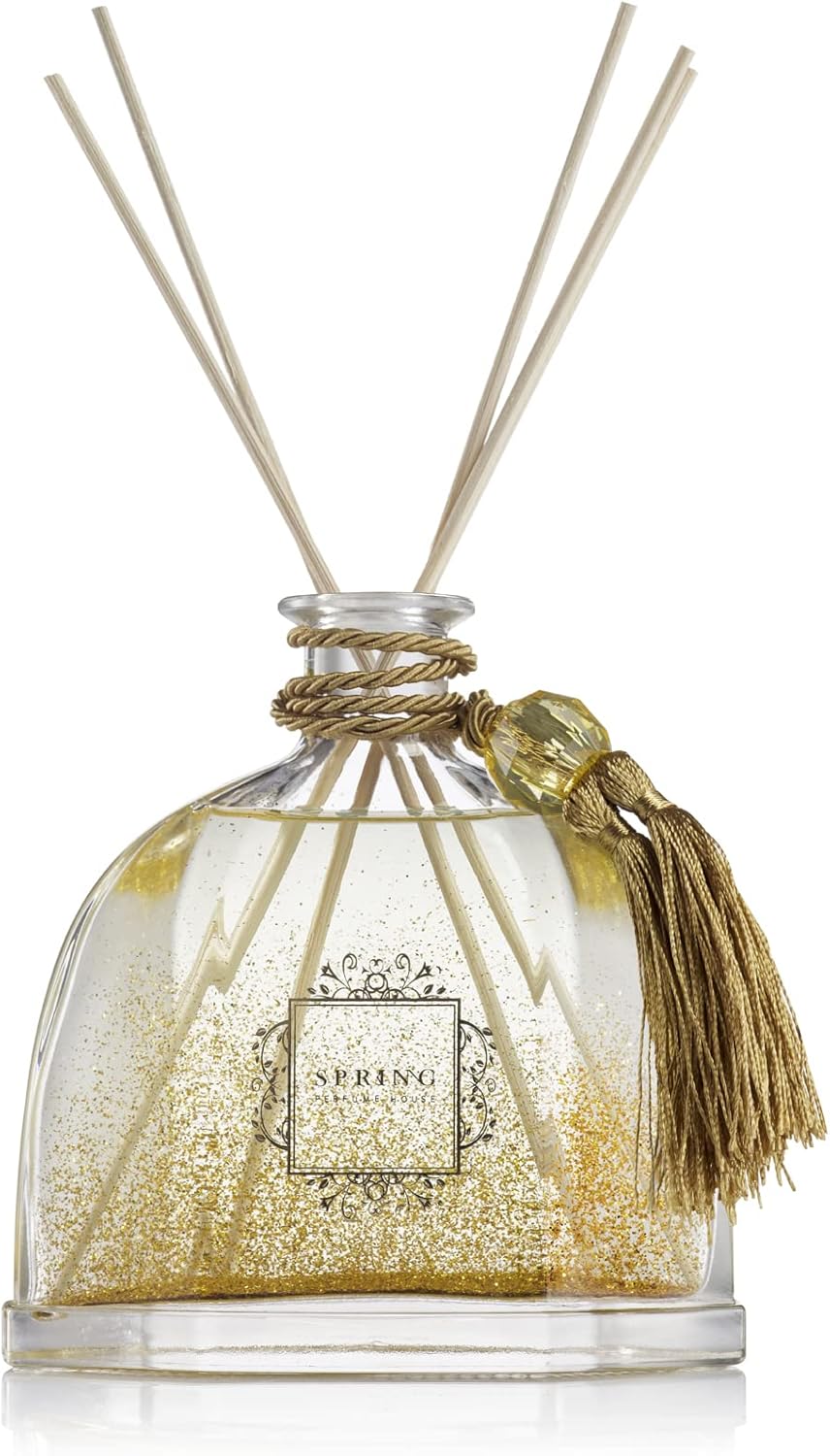 SPRING Diamond Decanter Reed Diffuser - 1014 Oz White Flower Scent Gold Glitter Design