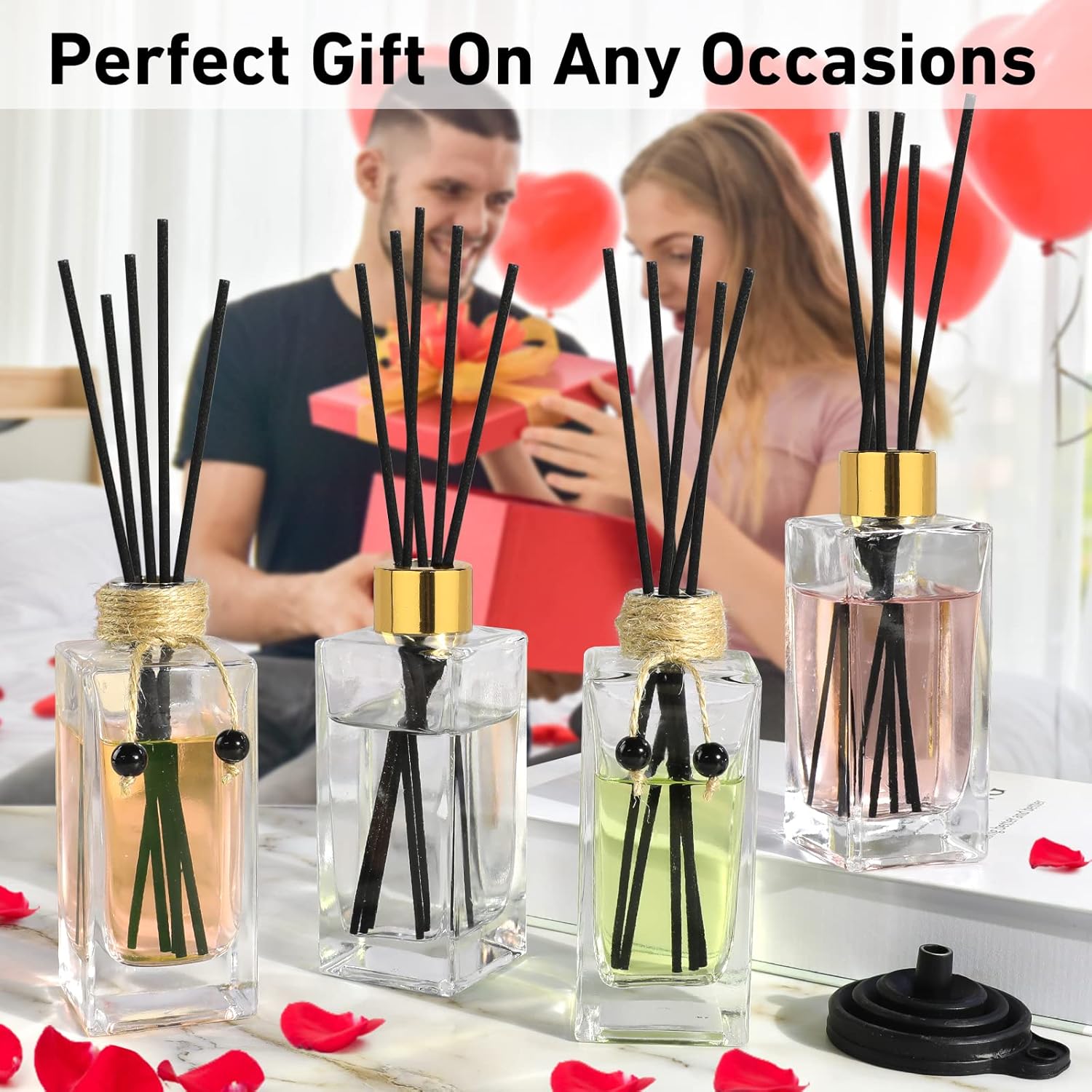 Glass Reed Diffuser Set of 4 - 5oz Clear Bottles with Caps and Reeds