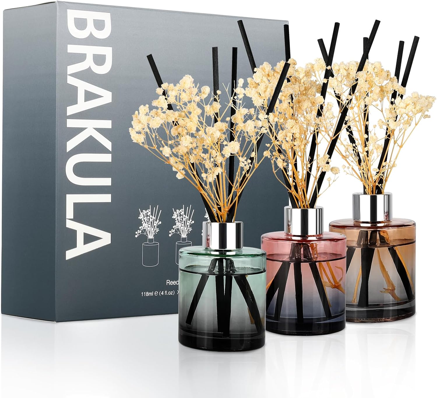 Brakula 3 Pack Reed Diffuser Set with 18 Sticks and 3 Bottles