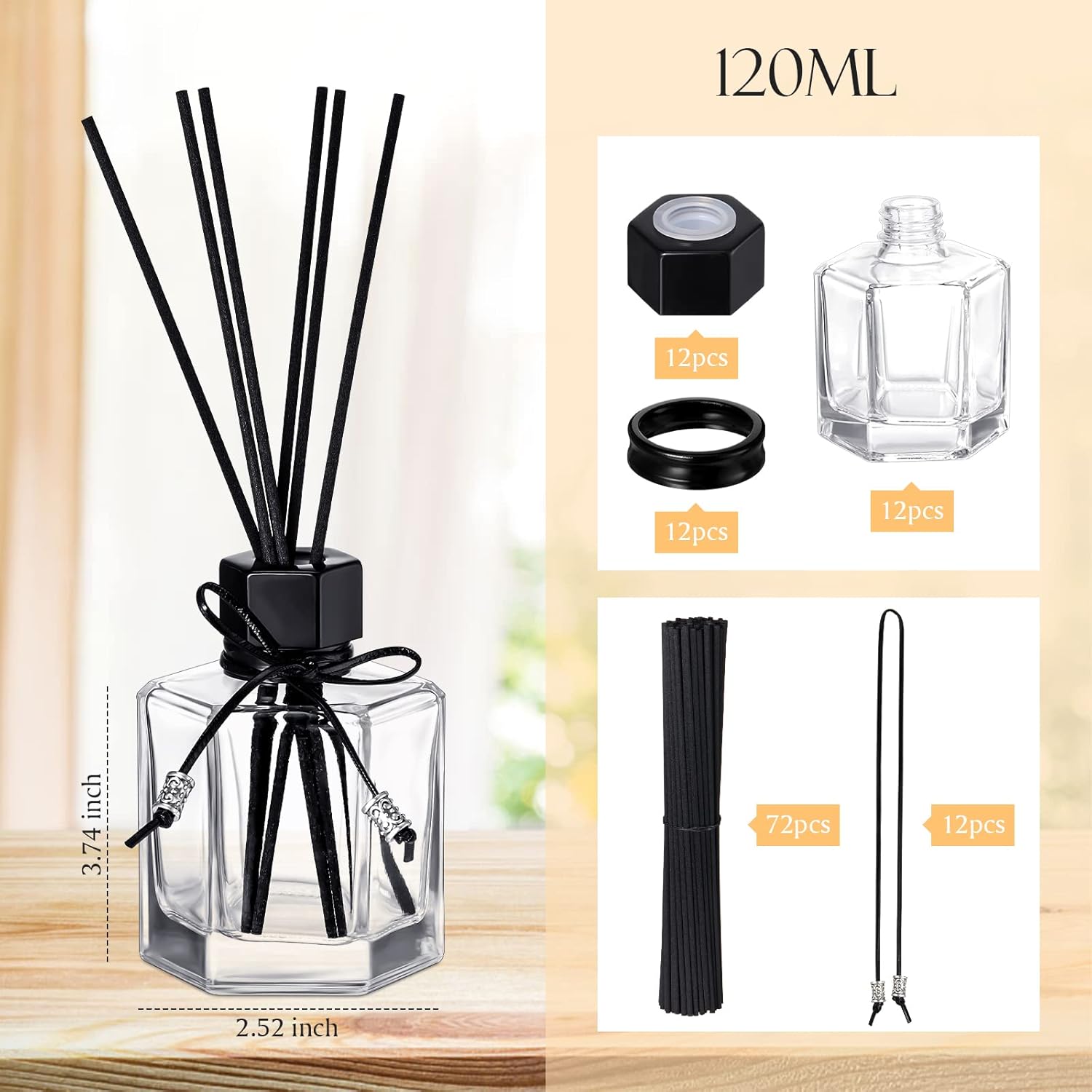 12 Pack Black Rattan Reed Diffuser Set with Caps and Bottles