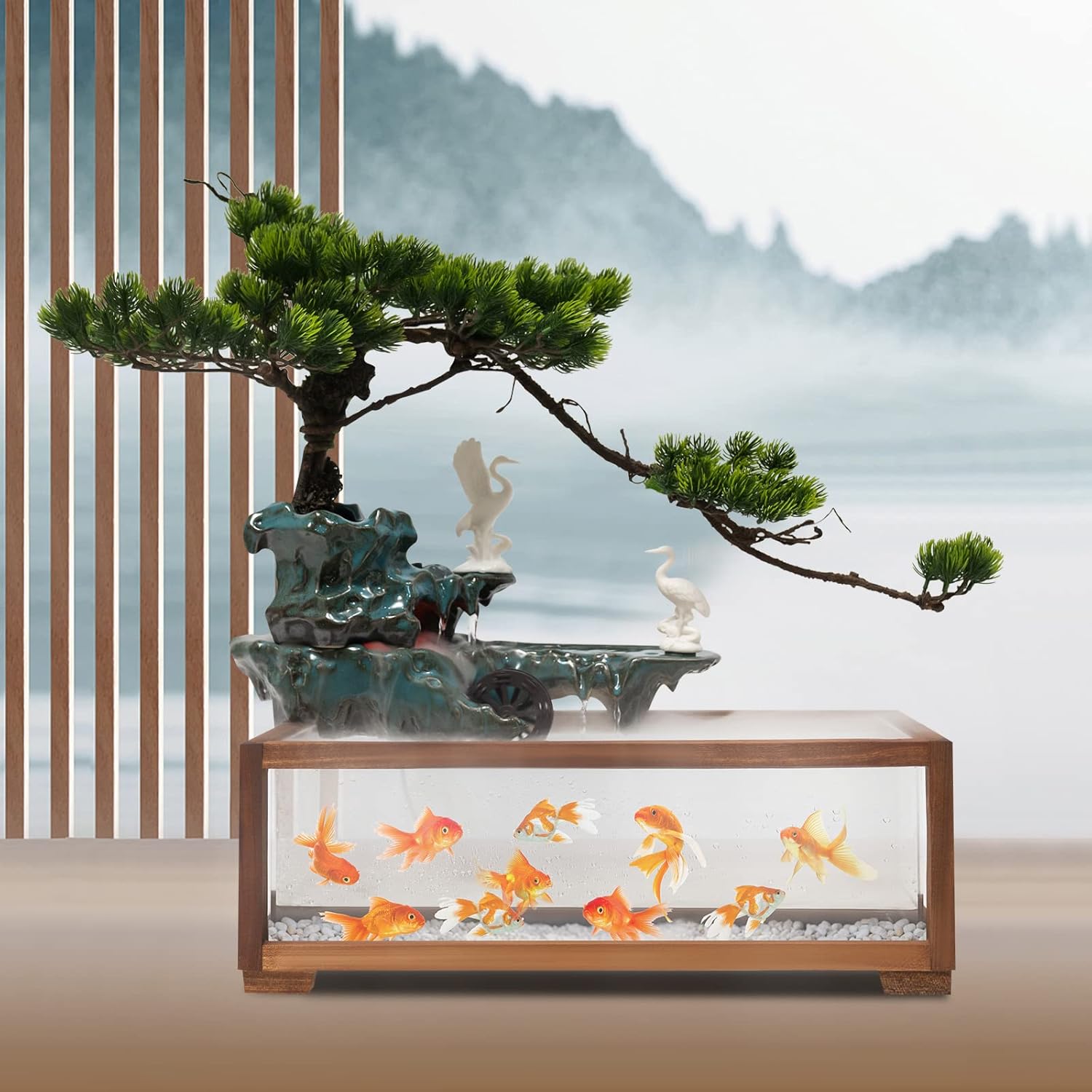 SanBouSi Tabletop Fountain with Fish Tank and LED Light