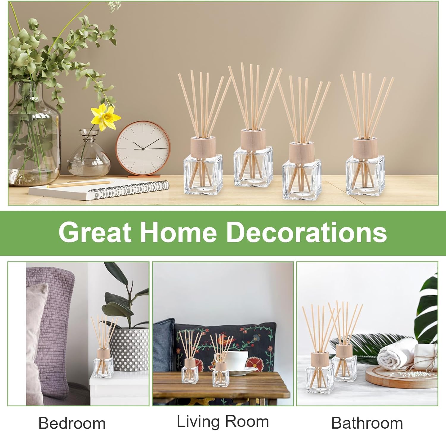 12 Piece Reed Diffuser Set with Wooden Caps and Rattan Sticks