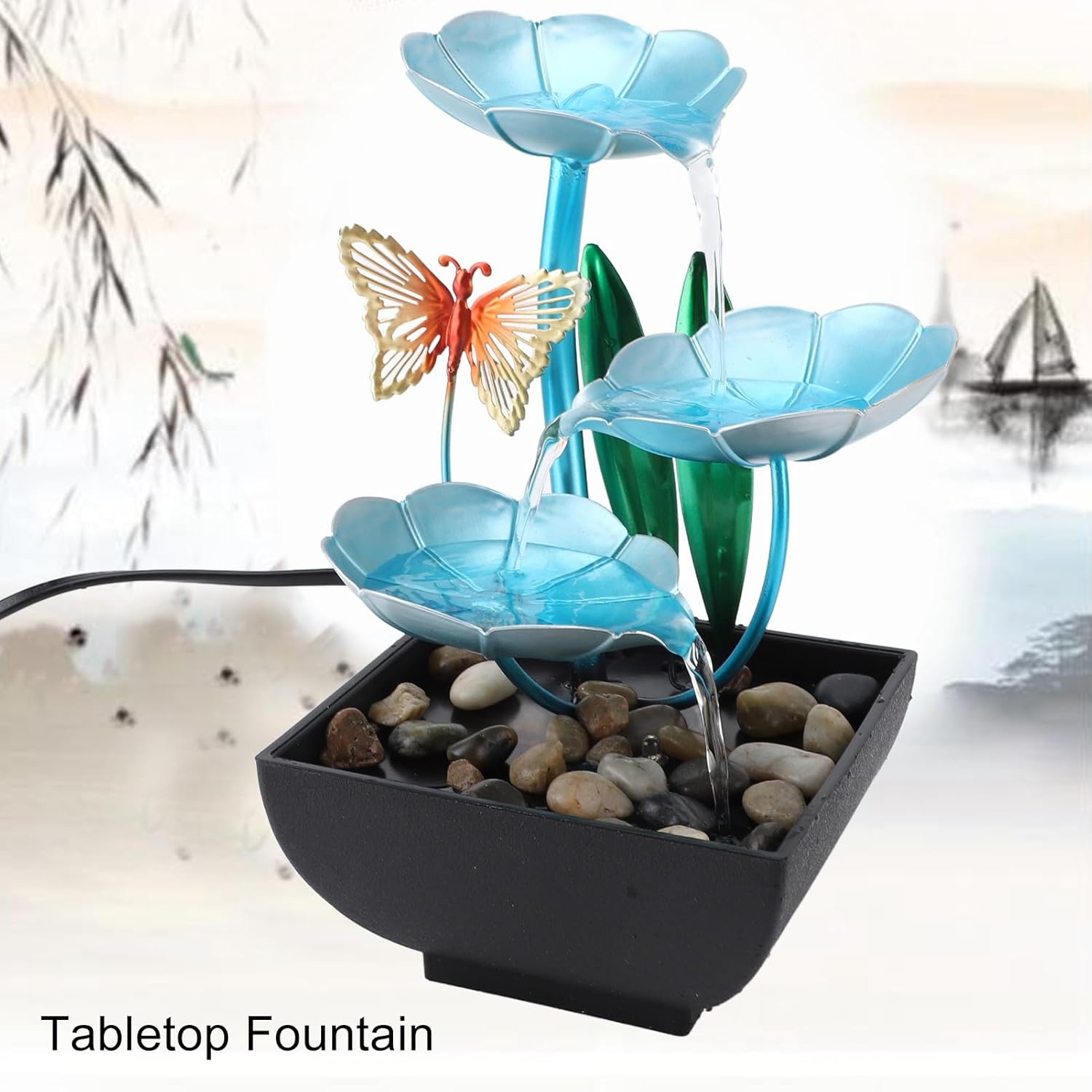 Small Tabletop Waterfall Fountain with LED Light and USB Plug