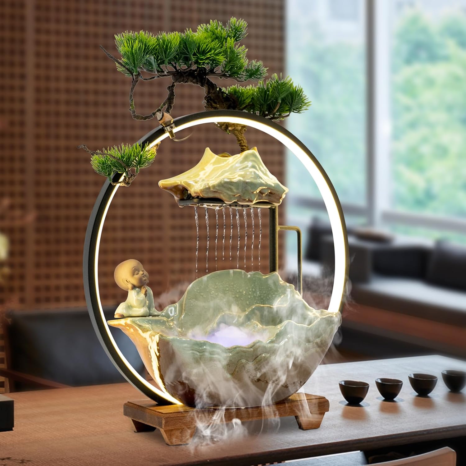 Zen Desktop Water Fountain with LED and Fog for Home Office