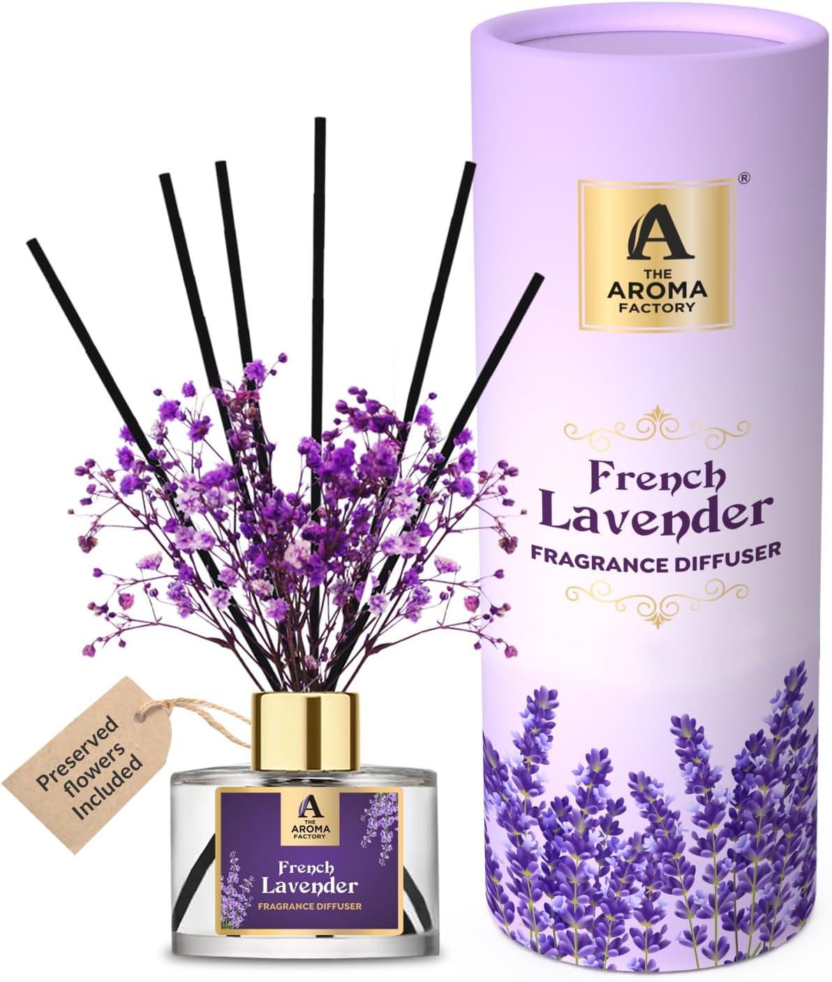 French Lavender Reed Diffuser Set with Natural Essential Oil and Real Preserved Flowers