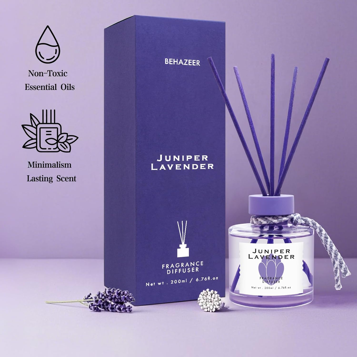 BEHAZEER Juniper Lavender Reed Diffuser Set 677OZ Large Capacity