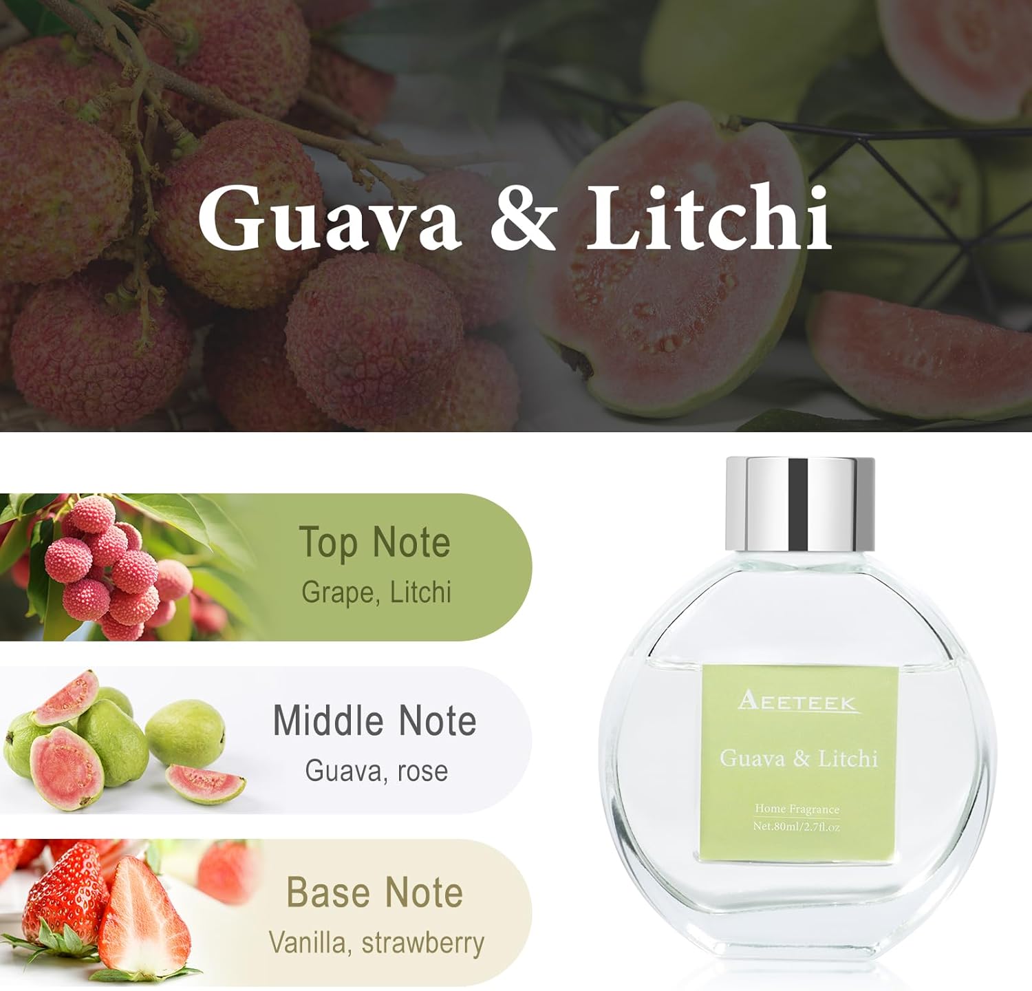 Guava Litchi Reed Diffuser Set - 80ml Strong Fragrance