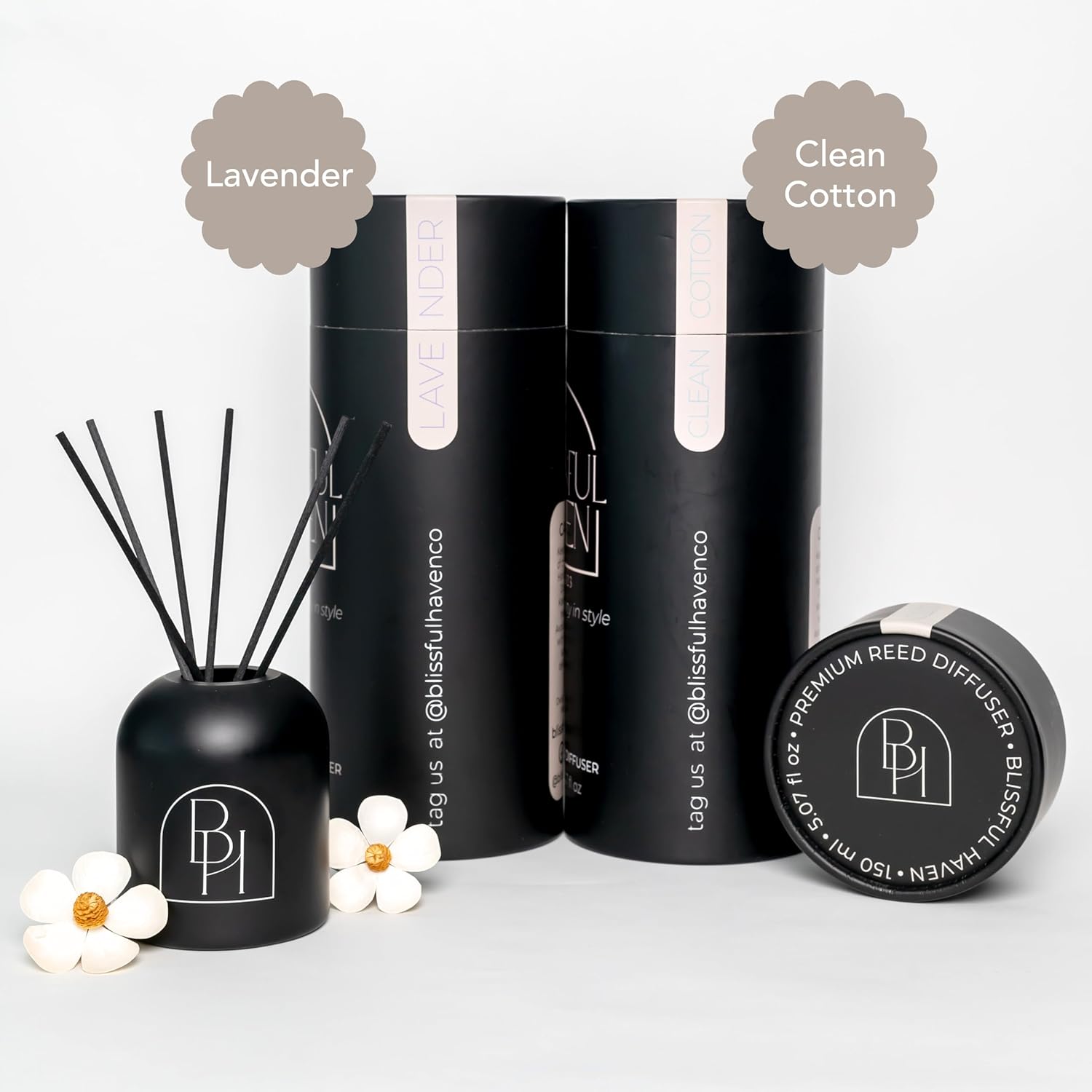 Matte Black Reed Diffuser Set - Clean Cotton Scent 507oz 60 Days