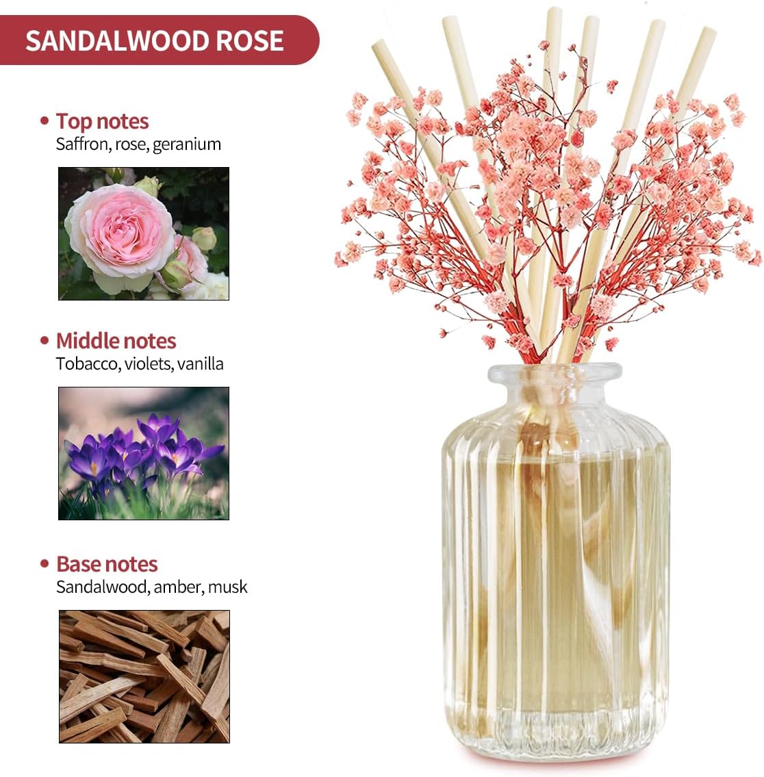 Sandalwood Rose Reed Diffuser Set with Preserved Flowers