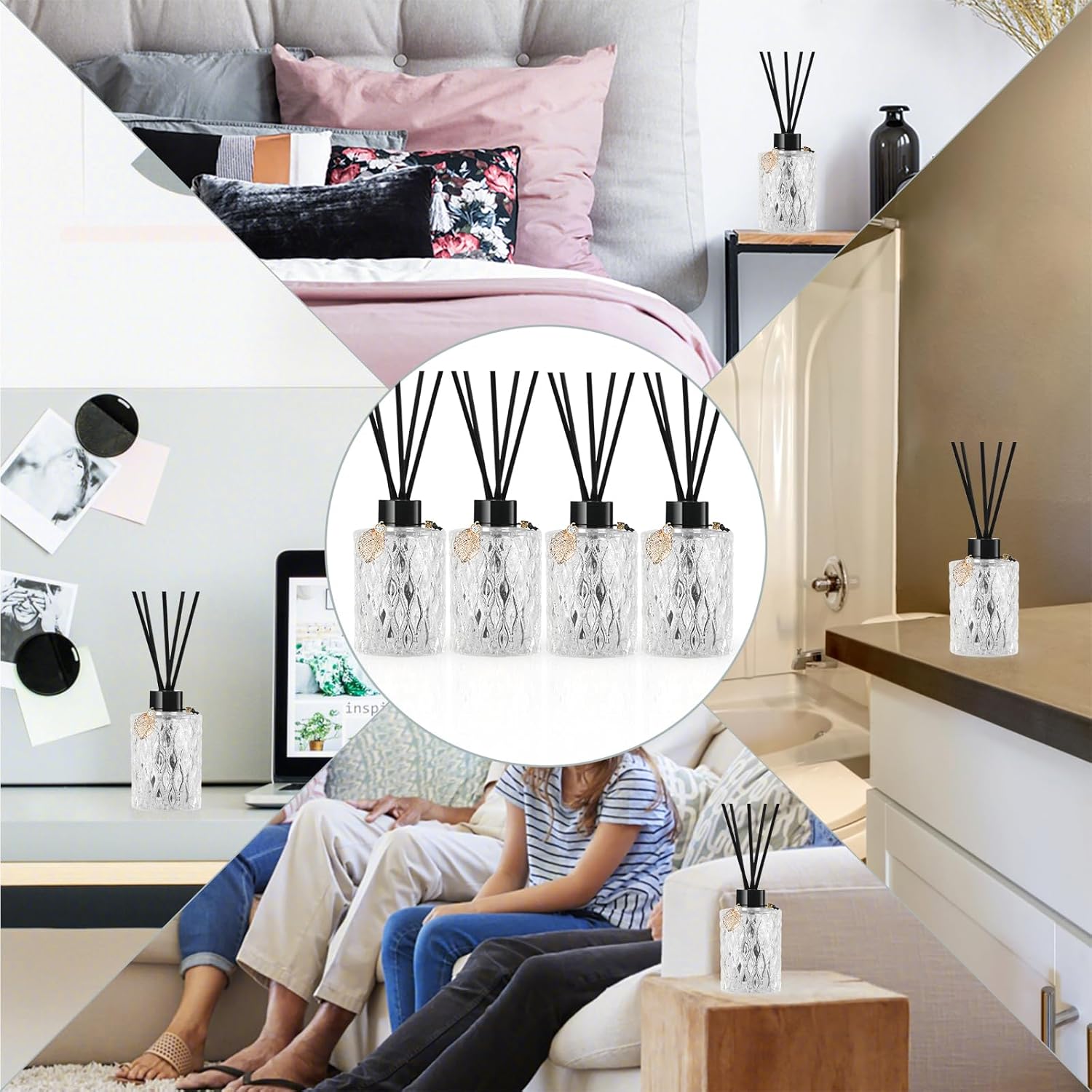TRIFOLIC 4Pcs Reed Diffuser Set with Golden Decor Black Bottles
