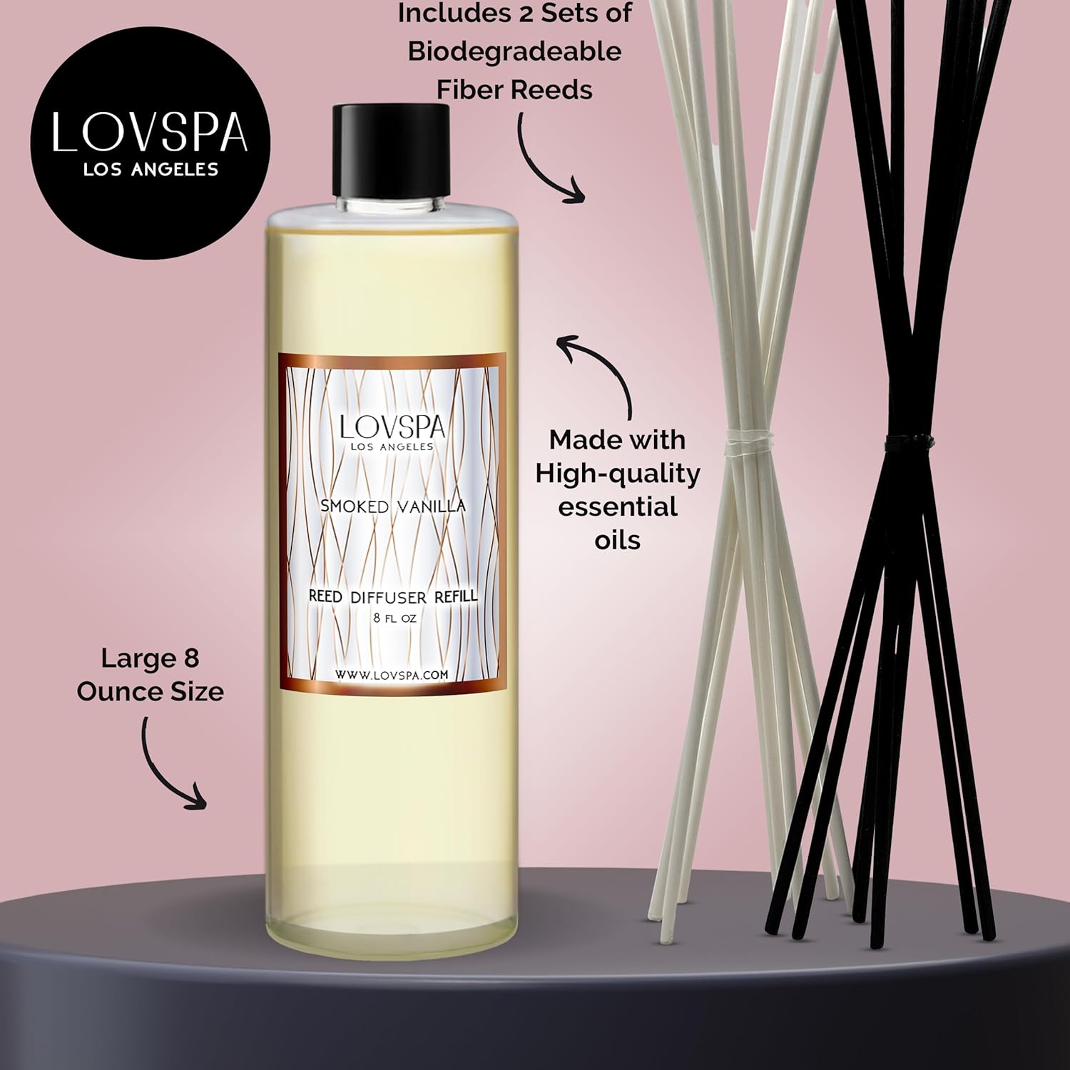 LOVSPA Smoked Vanilla Reed Diffuser Refill - 8oz with 2 Sets of Replacement Sticks