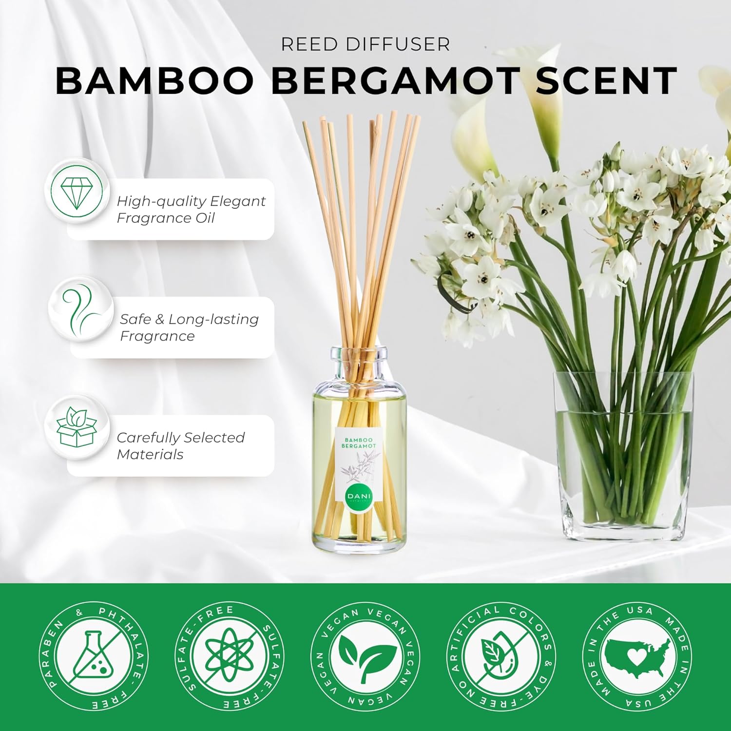DANI Naturals Reed Diffuser Set Bamboo Bergamot 10 Sticks
