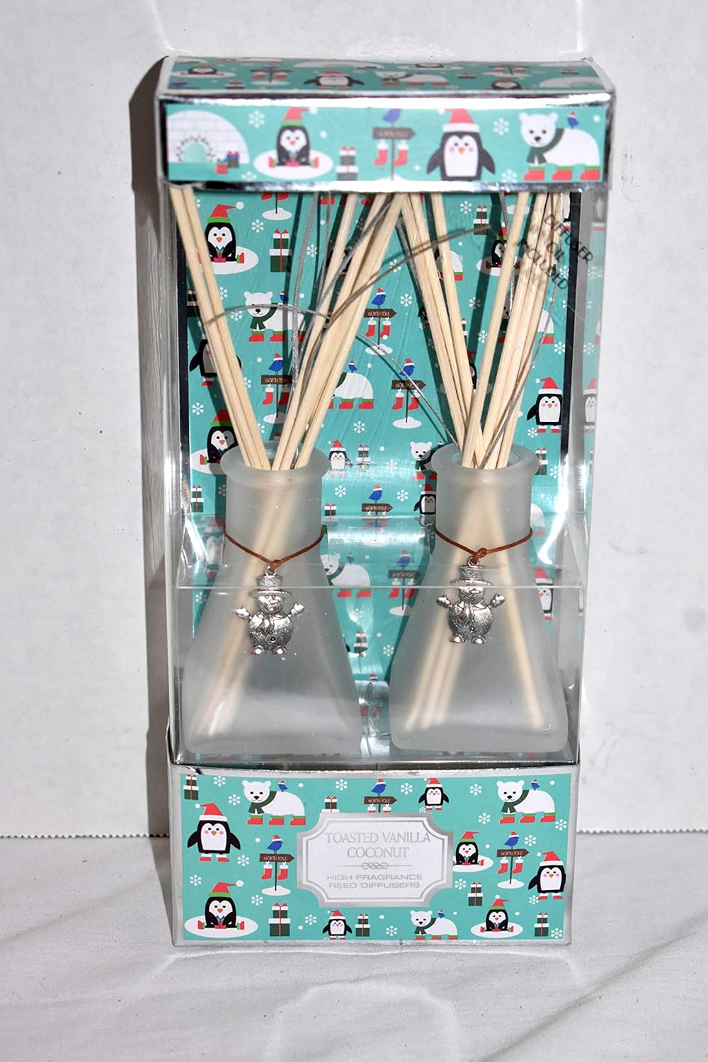 25 Home Decor 2pc Frosted White Glass Bottles with Snowman Charms and Toaster Vanilla Coconut Scent Reed Diffusers