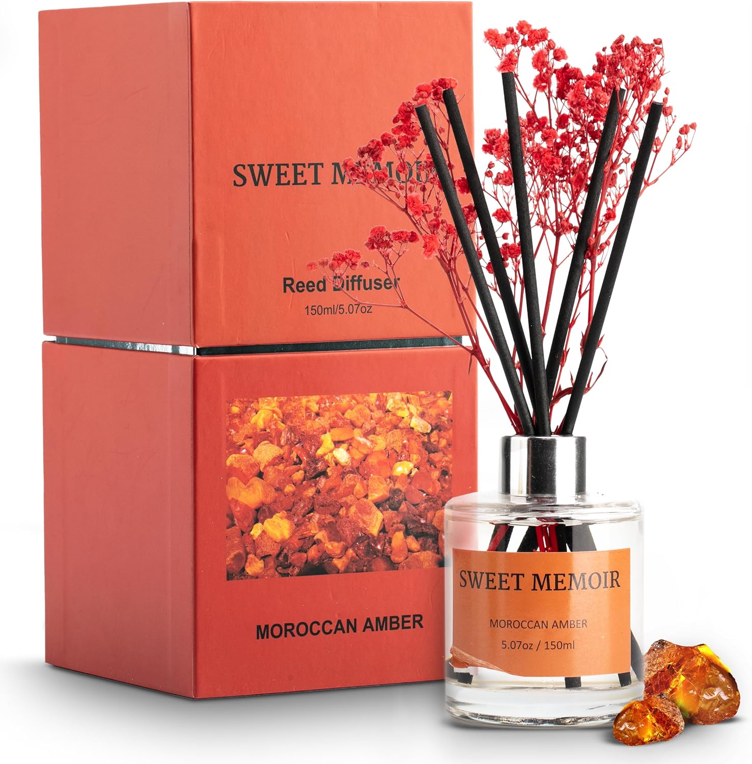 Moroccan Amber Reed Diffuser Set with 150 mL Bottle and Preserved Flowers