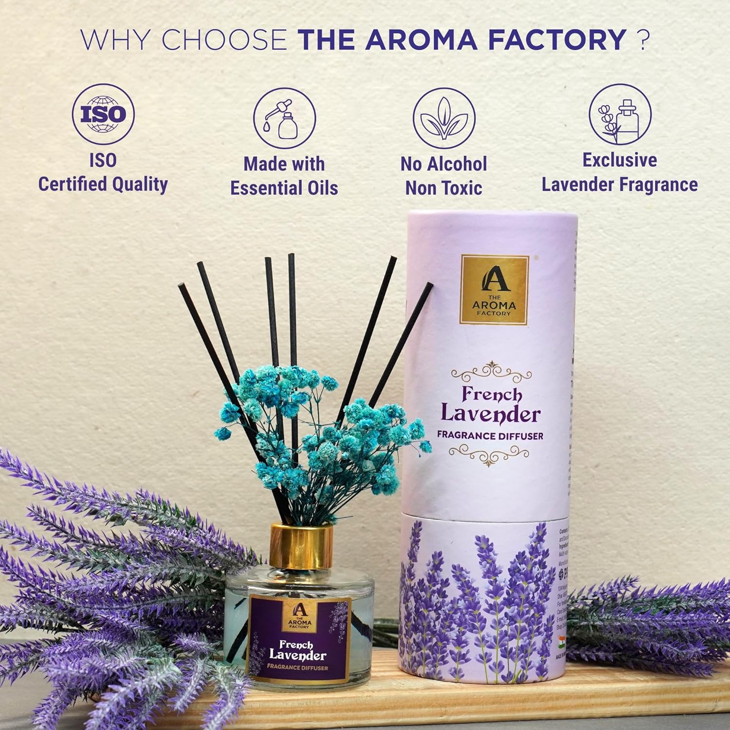 French Lavender Reed Diffuser Set with Natural Essential Oil and Real Preserved Flowers