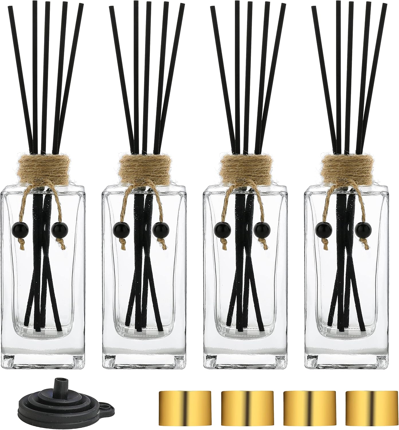 Glass Reed Diffuser Set of 4 - 5oz Clear Bottles with Caps and Reeds