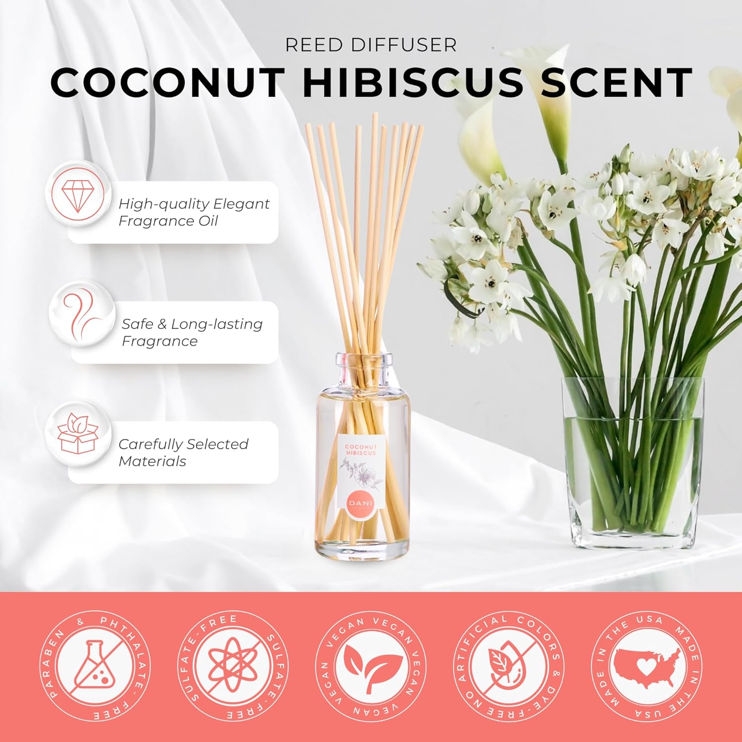 DANI Tropical Coconut Hibiscus Reed Diffuser Set - 10 Sticks 35 oz