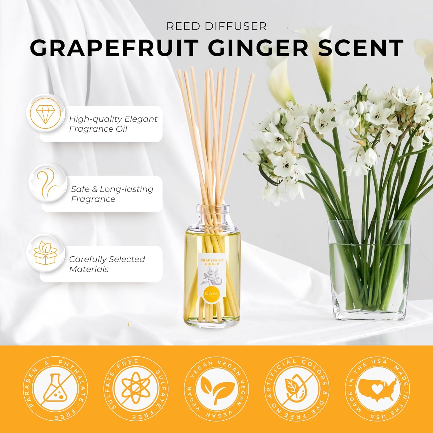 DANI Naturals Reed Diffuser Set - Fresh Grapefruit Ginger Scent