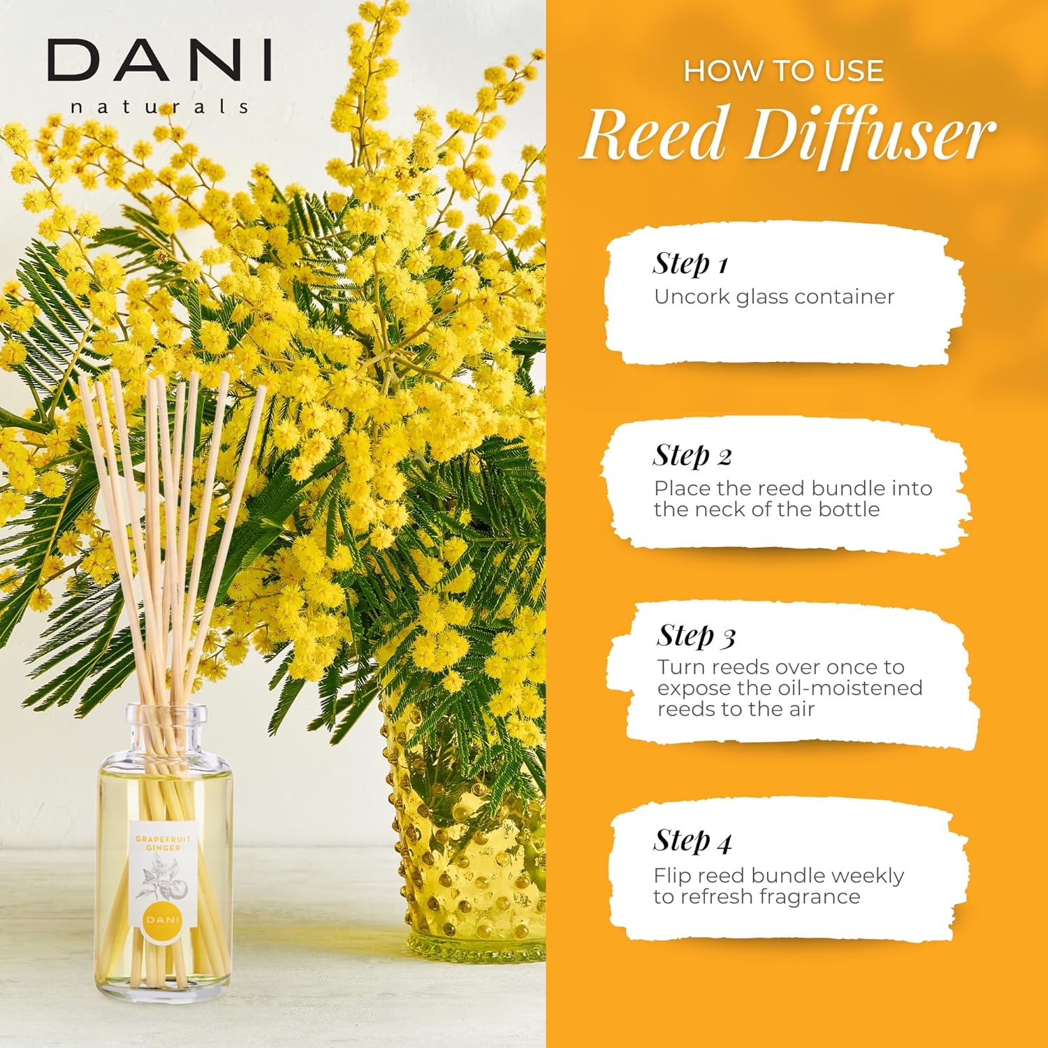 DANI Naturals Reed Diffuser Set - Fresh Grapefruit Ginger Scent
