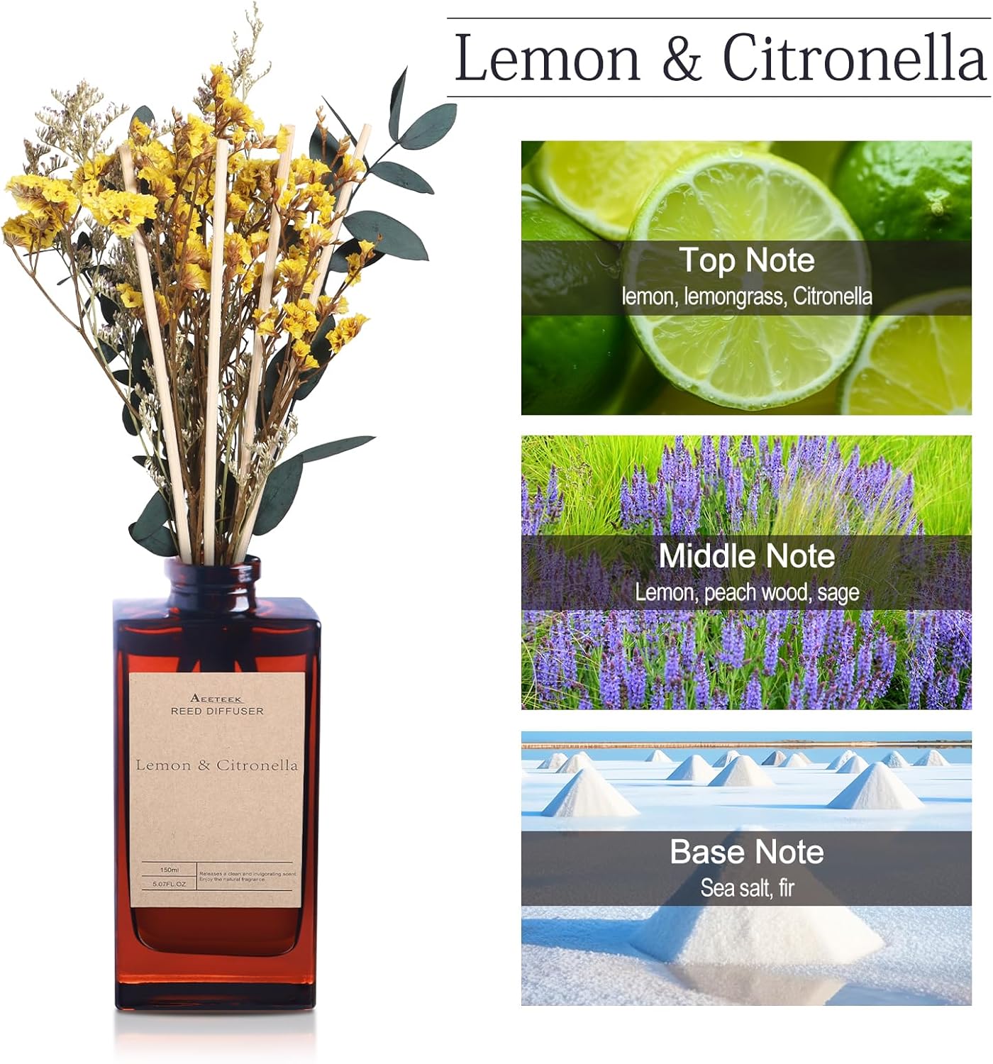 Lemon Citronella Reed Diffuser Set with Flower Decor