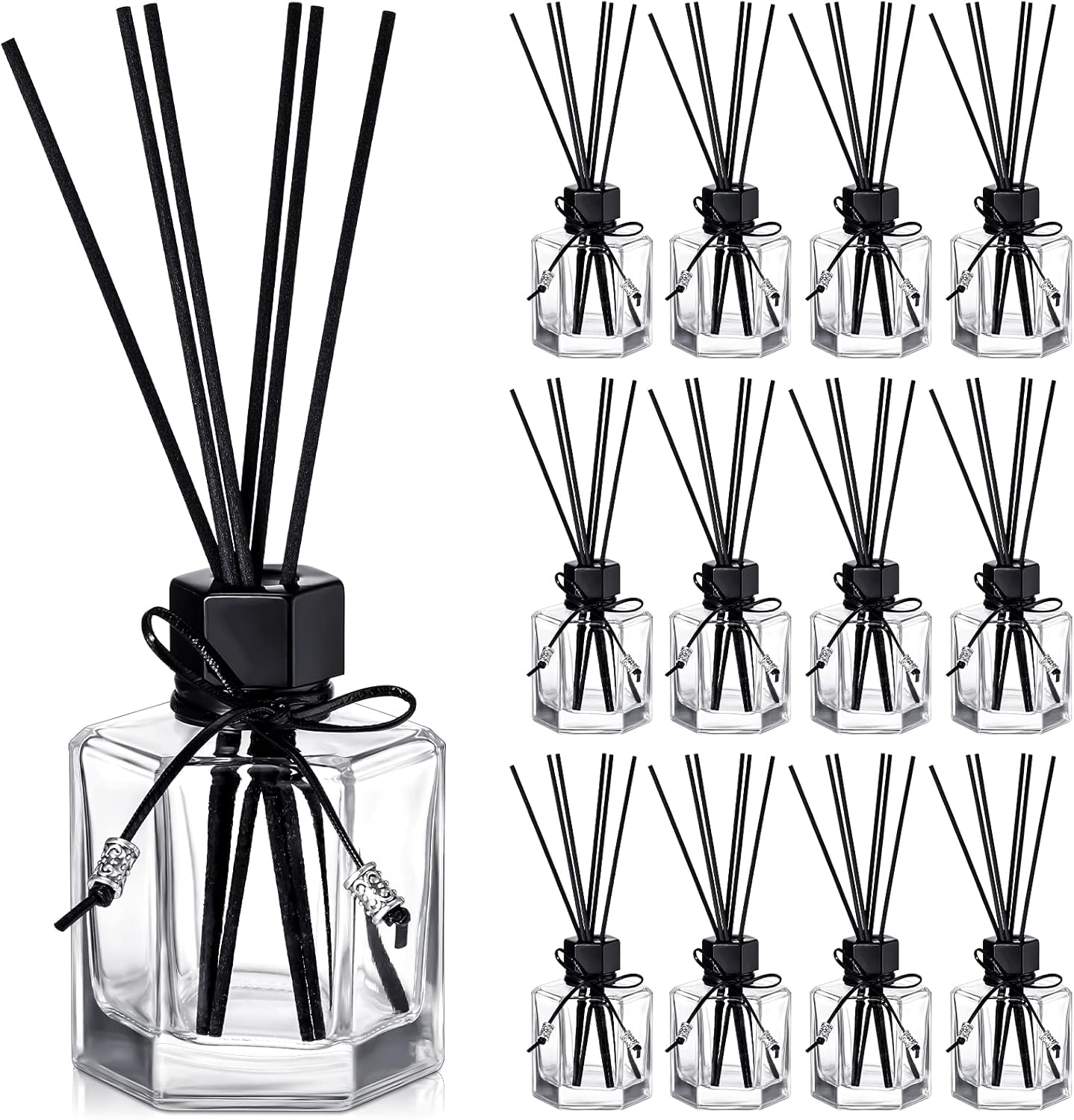 12 Pack Black Rattan Reed Diffuser Set with Caps and Bottles