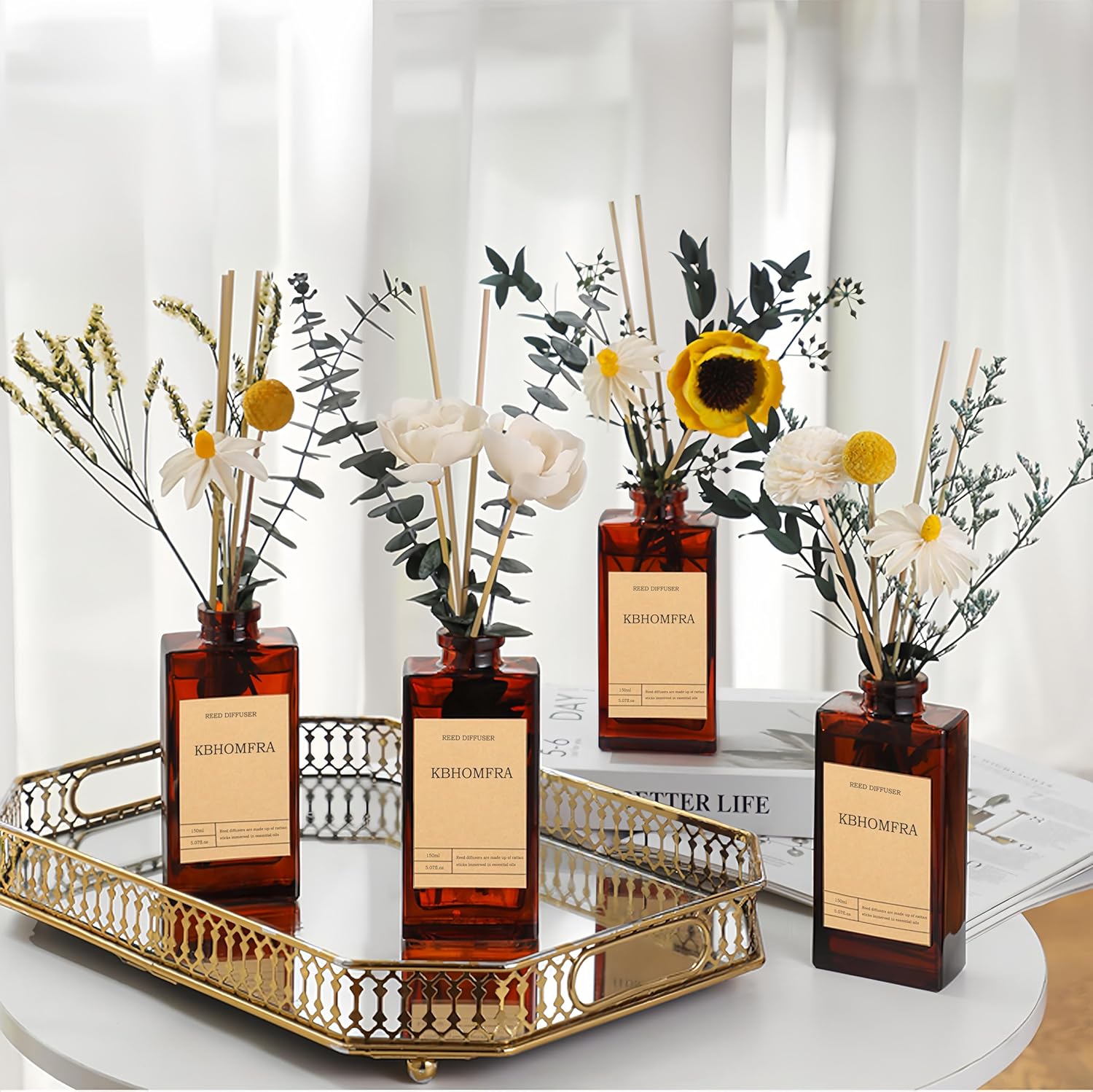 KBHOMFRA Reed Diffuser Set with Dried Flowers