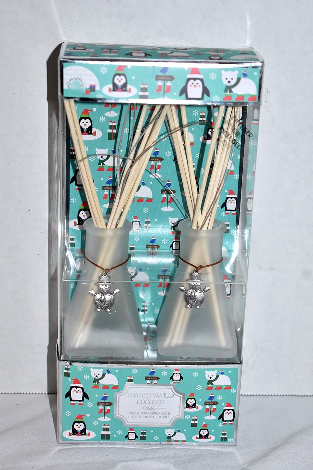 25 Home Decor 2pc Frosted White Glass Bottles with Snowman Charms and Toaster Vanilla Coconut Scent Reed Diffusers