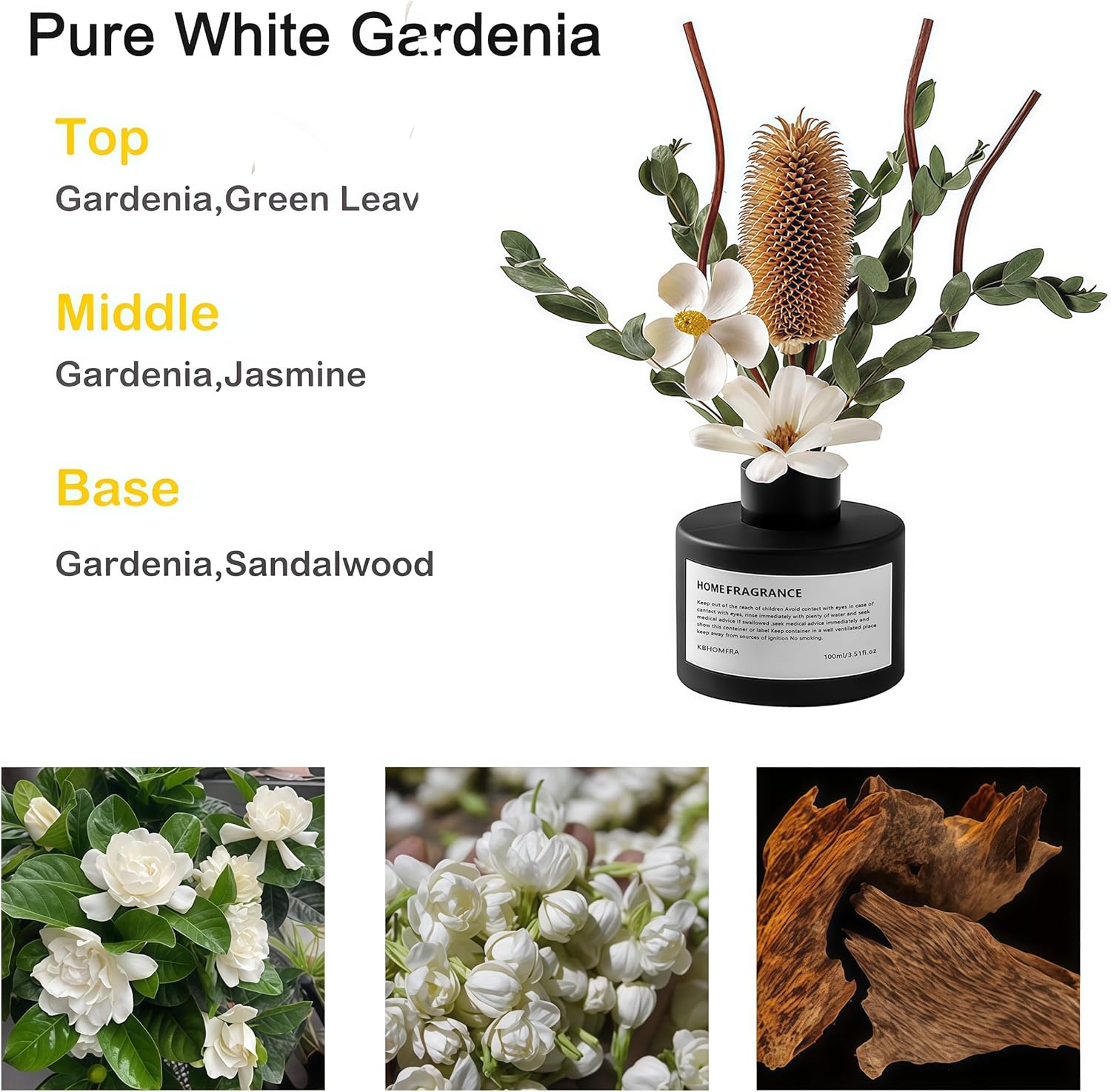 KBHOMFRA Pure White Gardenia Reed Diffuser Set