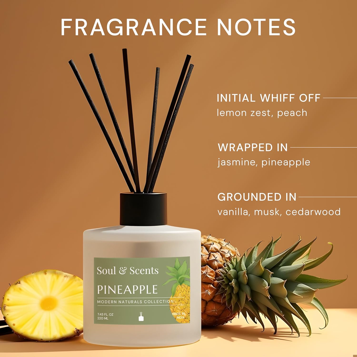 Soul Scents Pineapple Reed Diffuser Set 743 oz Refillable with 6 Fiber Sticks