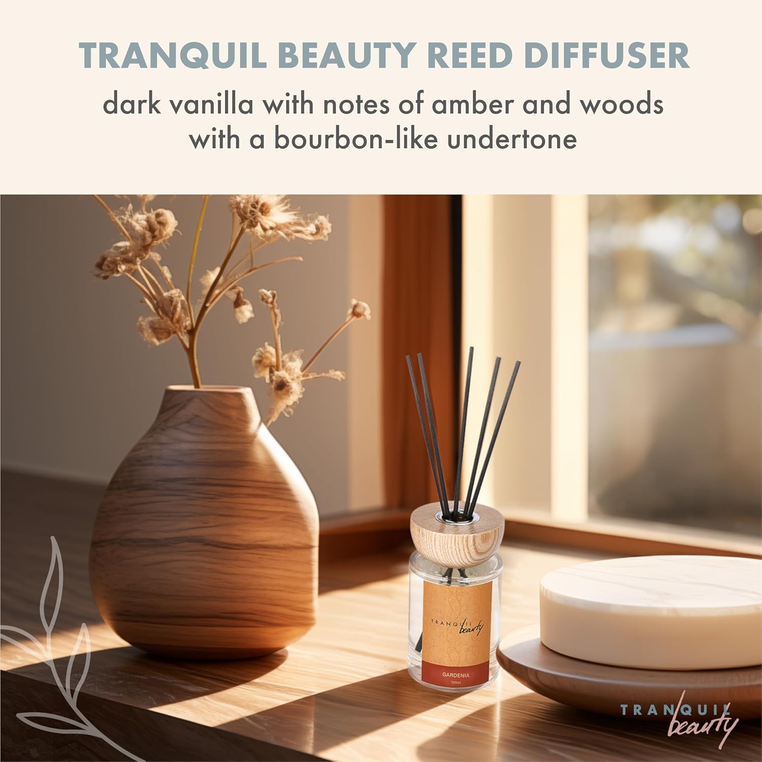 Tranquil Beauty Reed Diffusers Set - Gardenia Scent with Vanilla Amber Wood Bourbon