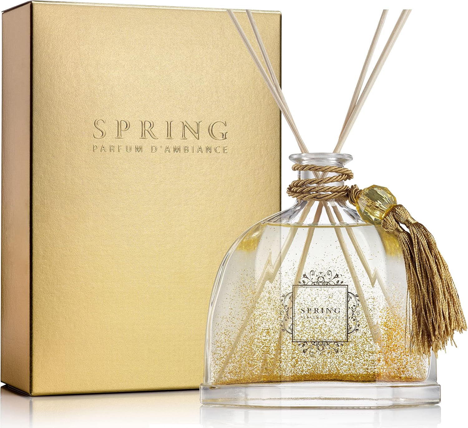 SPRING Diamond Decanter Reed Diffuser - 1014 Oz White Flower Scent Gold Glitter Design